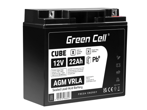 Green Cell® AGM batteri 12V 22Ah fleece vedligeholdelsesfrit bly-syre batteri til plæneklippere golfvogne ride-on plæneklippere